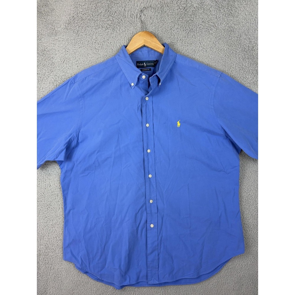 Ralph Lauren Shirt Mens XL Blue Solid Short Sleeve Button Down Cotton Casual Men